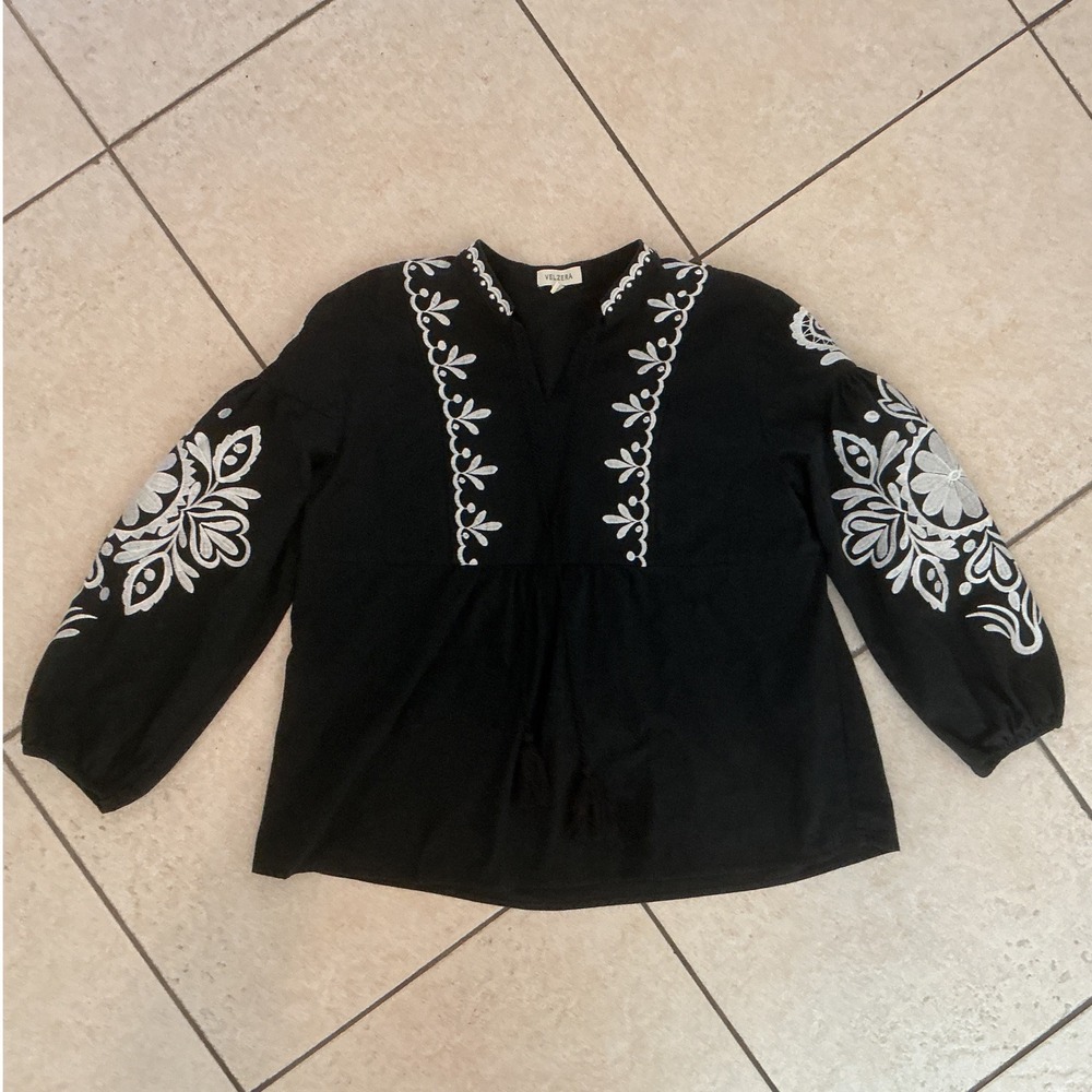 Velzera Embroidered Peasant Blouse Women Large Black White Cotton Boho Excellent
